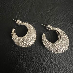 Vintage Silver Tone Rhinestone Pave Chunky C Hoop Earrings 1" Glamcore